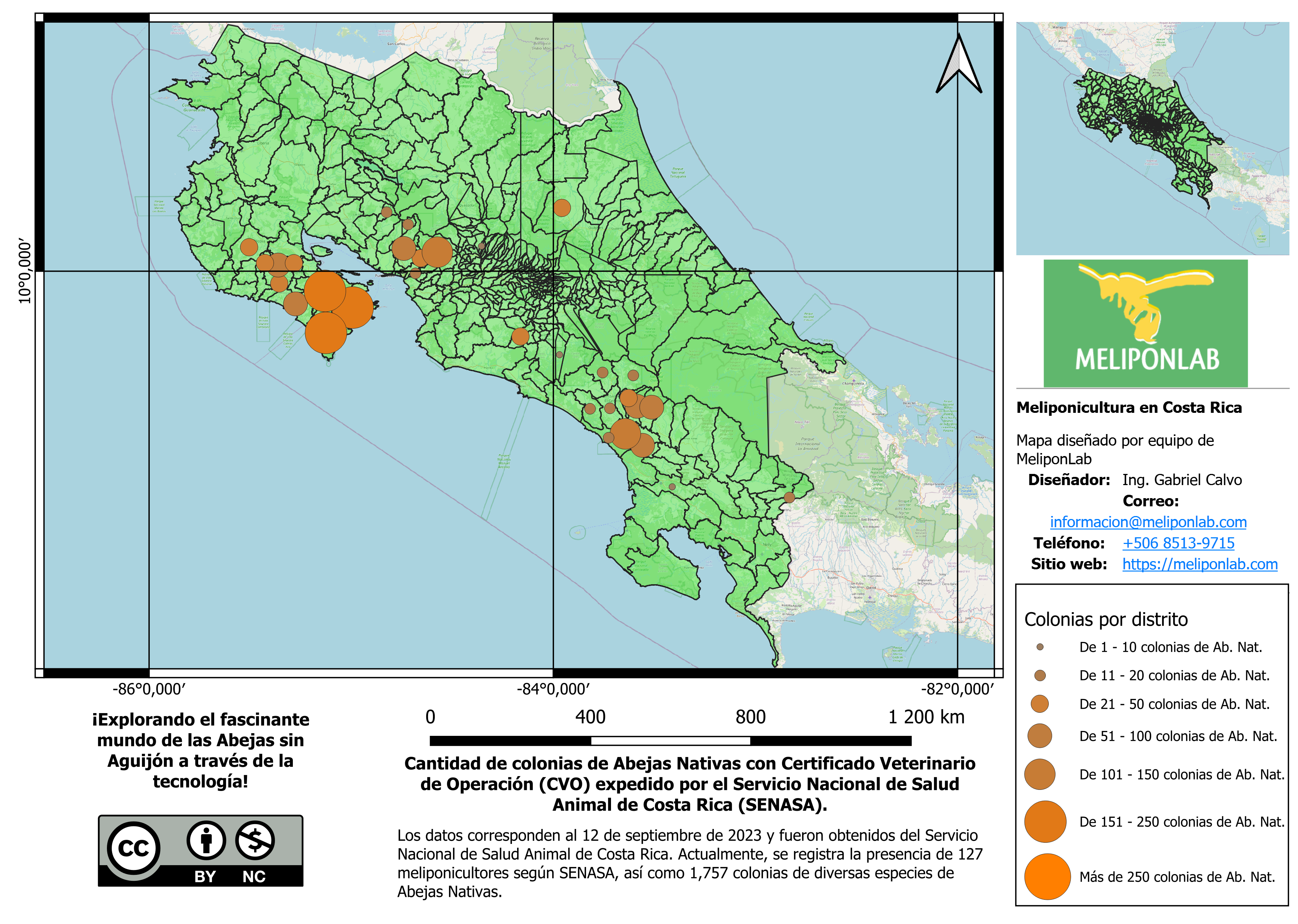 Cantidad de colonias de abejas nativas en cada distrito de Costa Rica