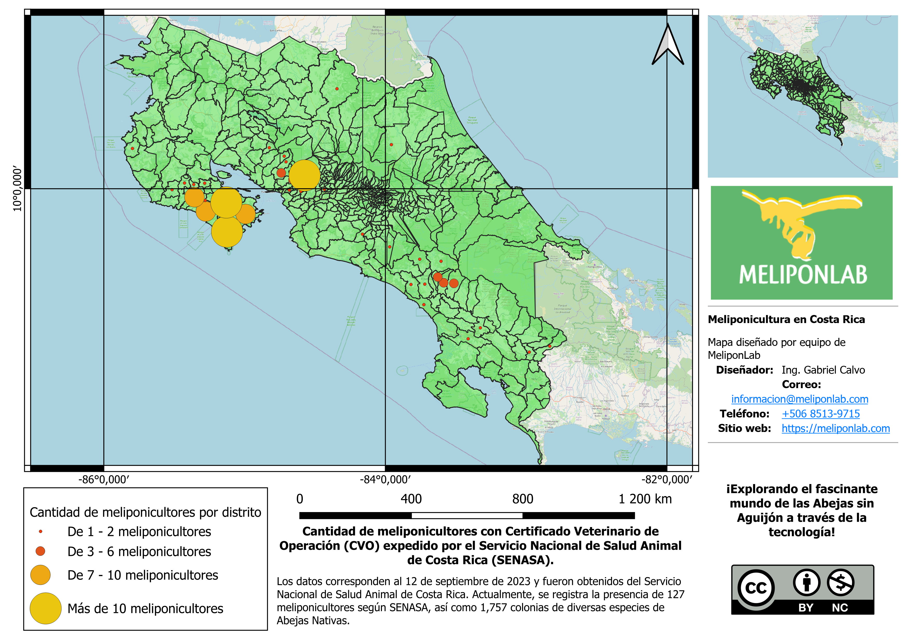Cantidad de meliponicultores en cada distrito de Costa Rica
